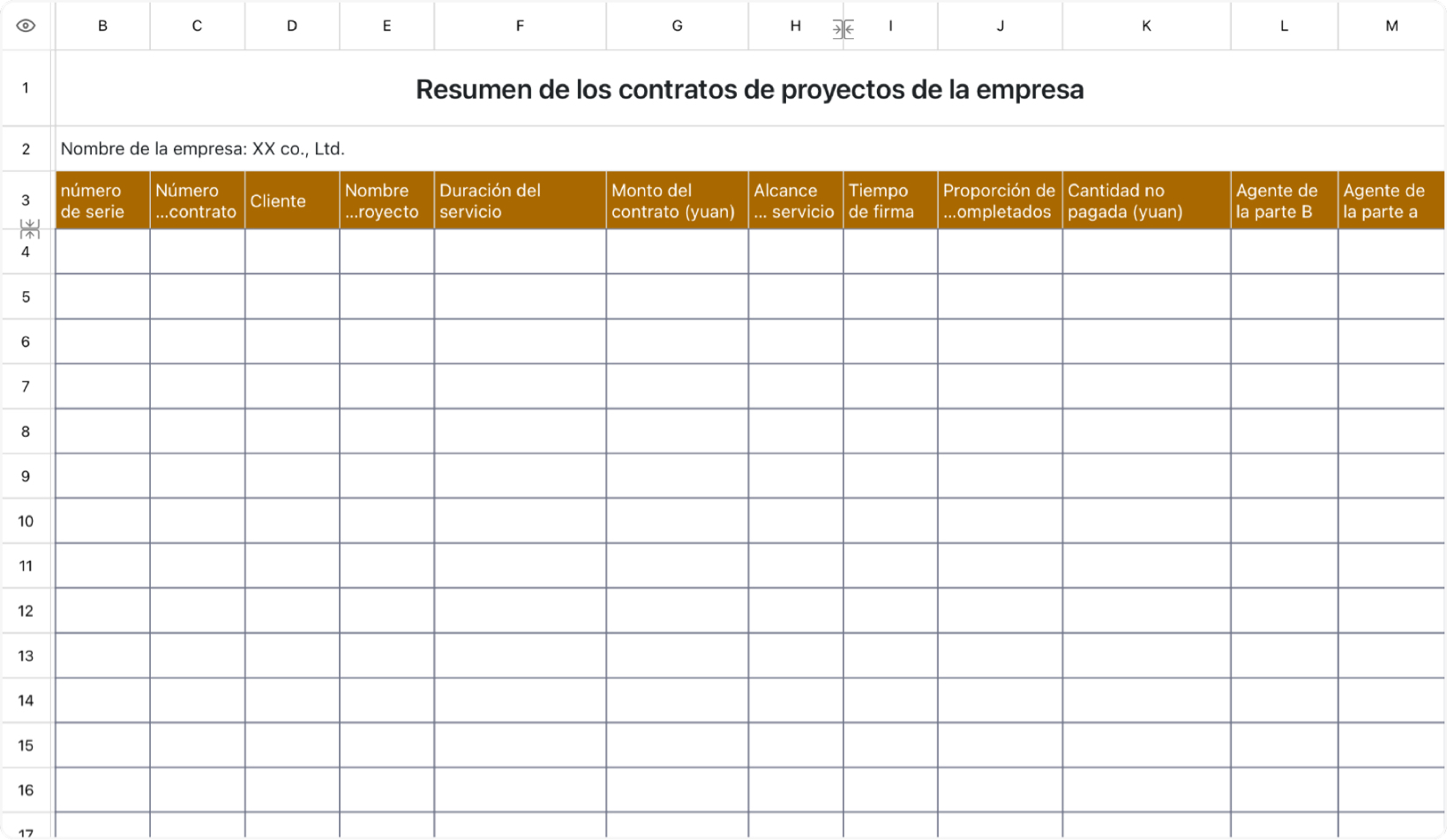 Resumen de los contratos de proyectos de la empresa
